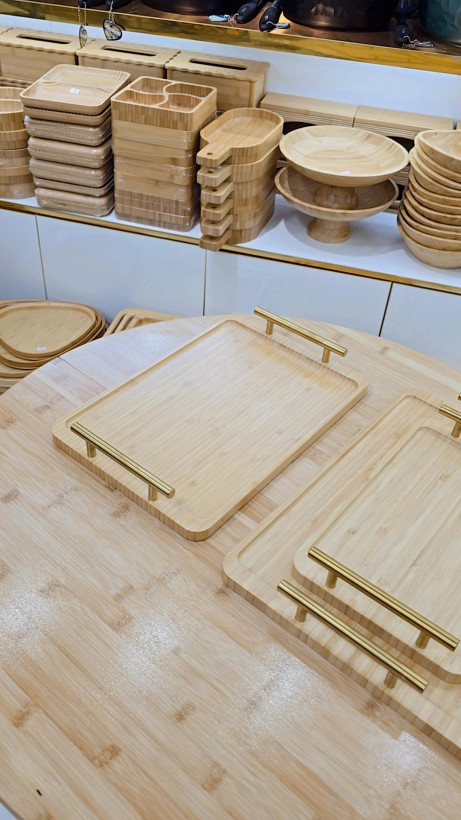 سینی چوب بامبو مستطیل دسته طلایی ضخیم وارداتی