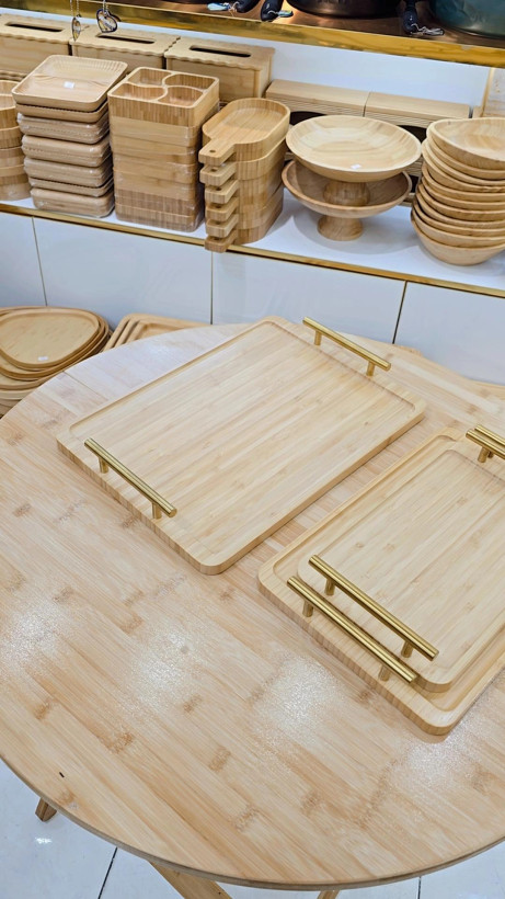سینی چوب بامبو مستطیل دسته طلایی ضخیم وارداتی